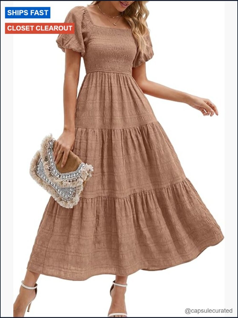 Womens Summer Puff Short Sleeve Maxi Dress Square Neck Smocked Tiered Ruffle A